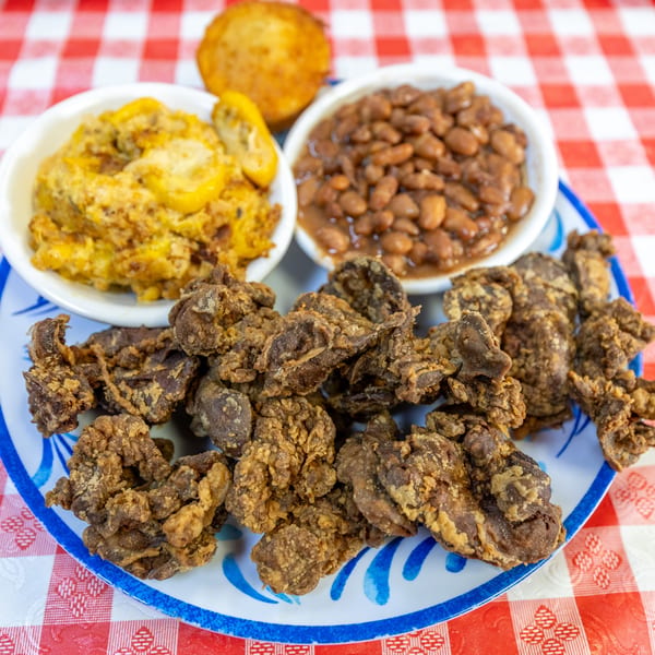 Fried chicken livers, baked beans, and squash casserole on a blue and white plate.